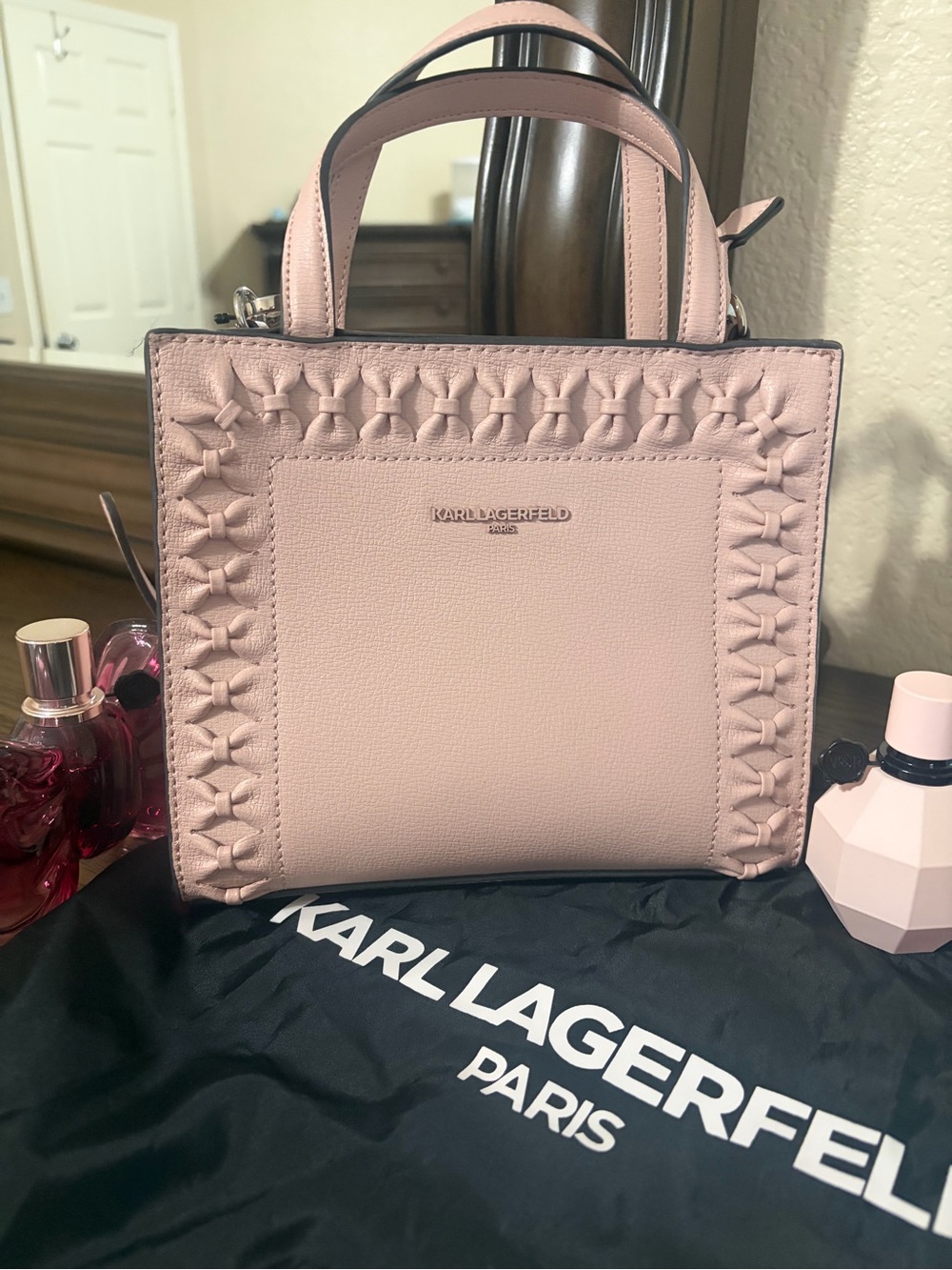 Karl Lagerfeld Pink Woven-Trim Mini Satchel